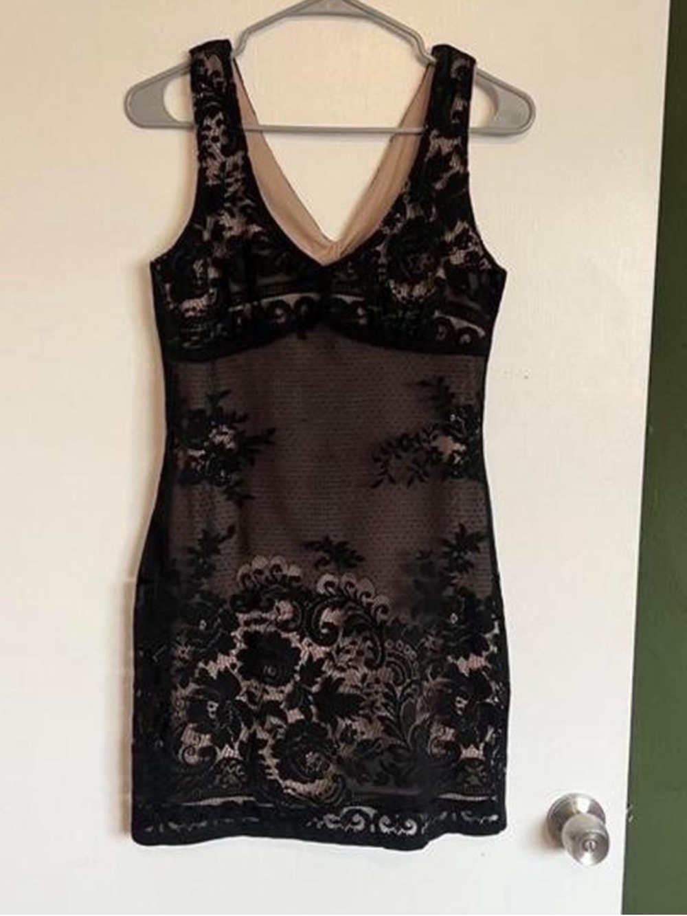 Evolution not revolution Y2K black lace overlay nude stretchy mini dress